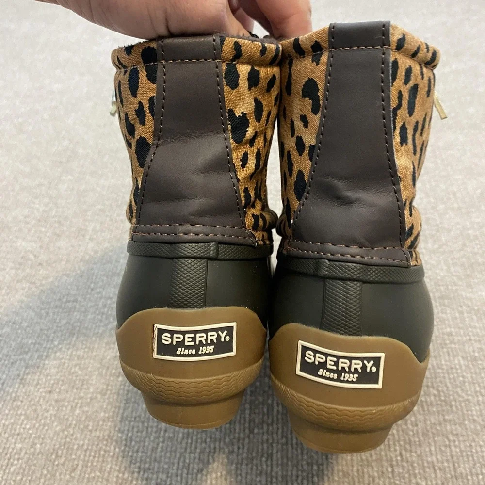 Sperry Duck Boots Womens Size‎ 8 Brown Leopard Waterproof Ankle Zip STS86757